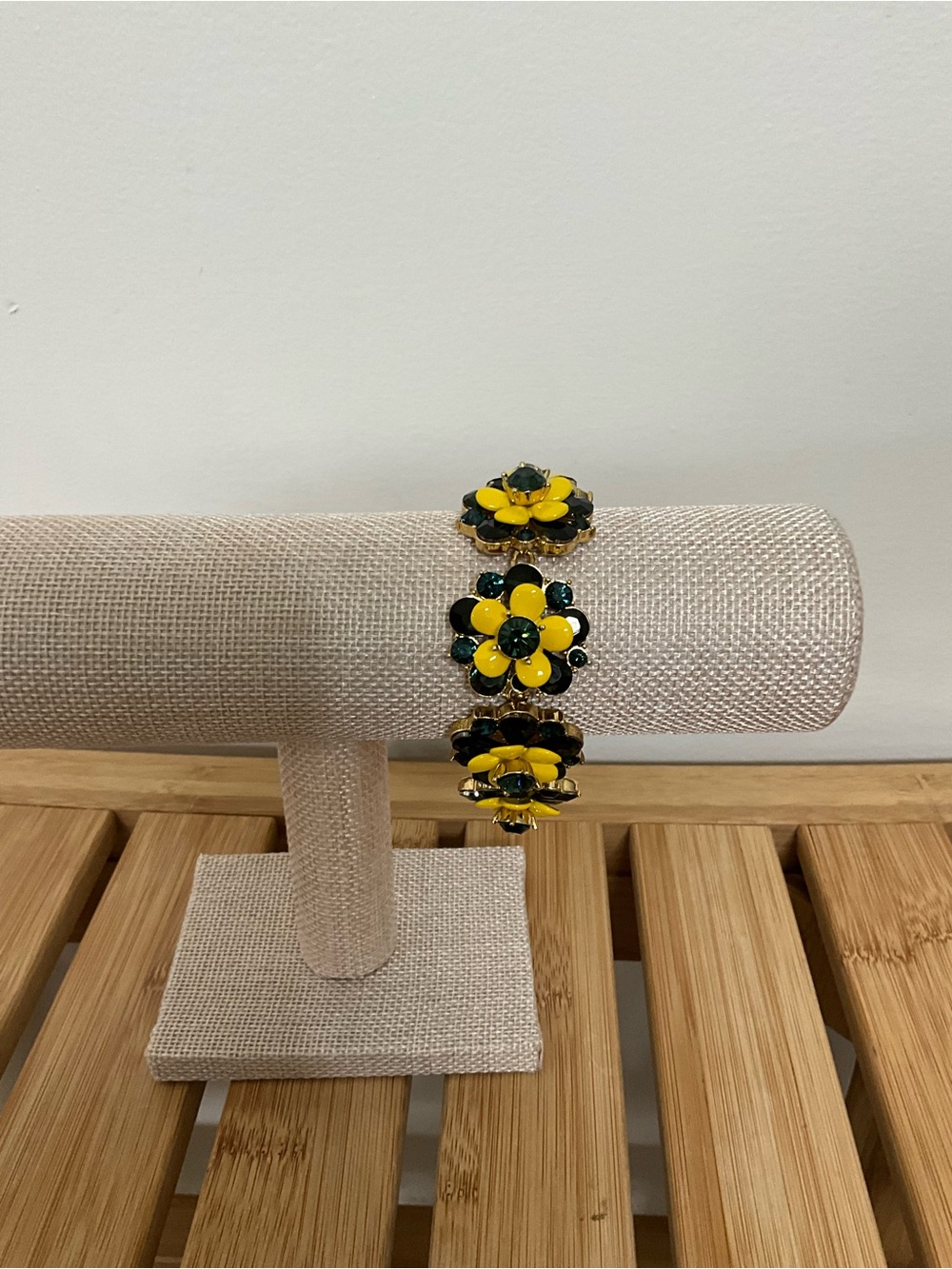 Talbots Floral Statement Bracelet Yellow Enamel Green Crystal Gold Tone 8”